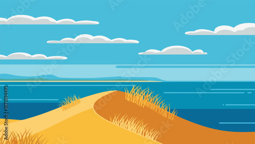 Serene Coastal Dune Landscape Vector Illustration with Ocean and Sky