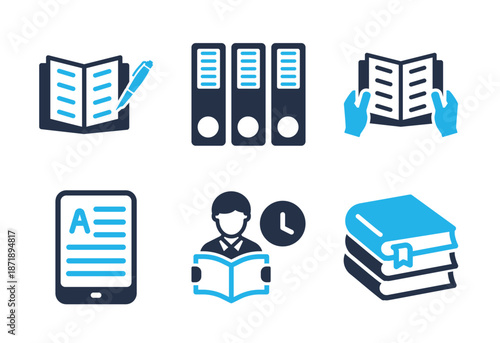 Reading and Document Management icon set. Solid glyph series icons