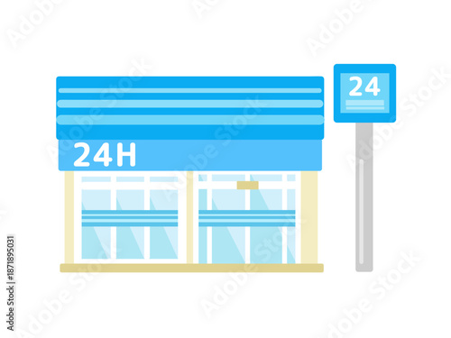 都会的デザインの青いコンビニ建物イラスト