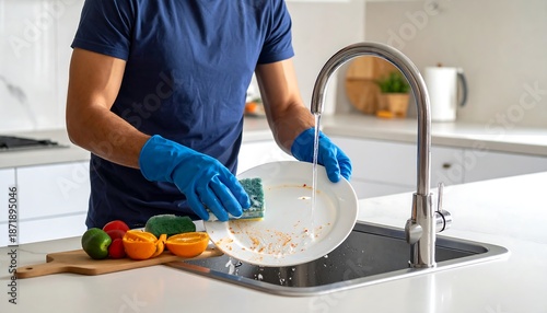 Person washing dishes with blue gloves in a kitchen sink.