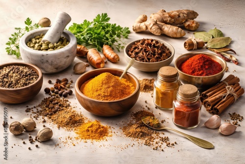 Varied spices displayed in an artistic arrangement with mortar and pestle highlighting culinary diversity and flavors in a tranquil kitchen setting