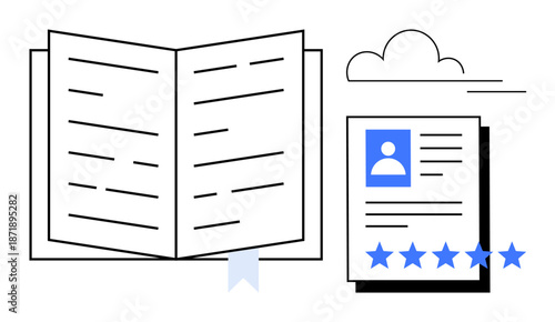 Open book with bookmark and detailed profile document with star ratings under a cloud. Ideal for education, personal growth, evaluation, reviews, publishing, analytics, and success