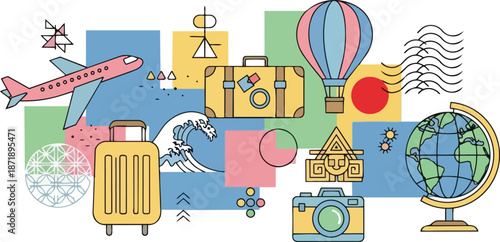 Travel and Adventure Icons Collection with Airplane and Suitcase.