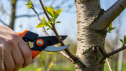 Garden pruning shears cutting young green branch
