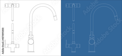 Kitchen High Arc Spout Faucet Technical Drawing Blueprint Orthographic Views