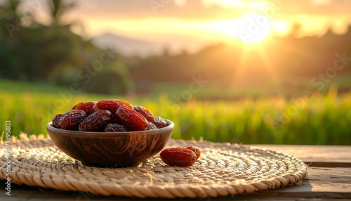 Dates in a bowl at sunset, a healthy snack.