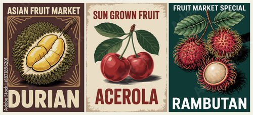 Retro-style triptych featuring durian, acerola, and rambutan with vintage textures and bold typography for an elegant fruit market design.
