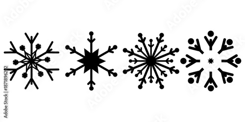 Minimal black snowflake icon set featuring various winter crystal shapes. Clean vector style suitable for seasonal design holiday graphics stickers UI icons prints and decorative elements