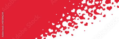 Horizontal Valentine's Day greeting card template. Frame with white and red objects on the white background. Symbols of holiday - hearts.