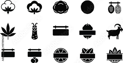 Material composition label glyph icon set. Vector pictograms of cotton, wool, silk, hemp, alpaca, cashmere, goat, textile, organic, natural, black sign silhouette illustration.