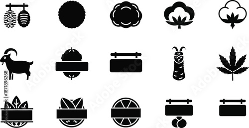 Material composition label glyph icon set. Vector pictograms of cotton, wool, silk, hemp, alpaca, cashmere, goat, textile, organic, natural, black sign silhouette illustration.