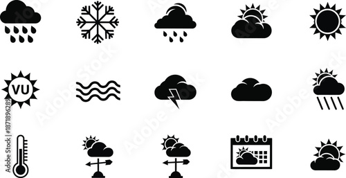 A comprehensive collection of black and white minimalist sun and weather icons