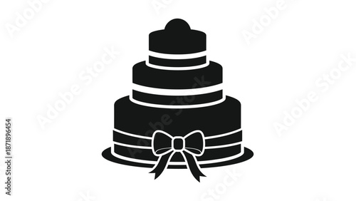 Black of a three tiered cake with white stripes and bow a white white with wedding and celebration and party Silhouette vector on whit Background