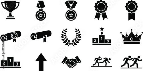 Reward icon set. Containing award, prize, medal, gift, trophy, badge, points, achievement, certificate and more.