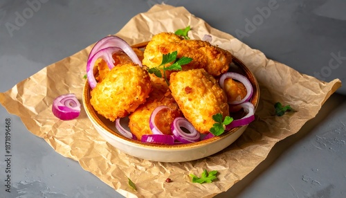 Delicious potato cutlets with red onion rings and parsley.