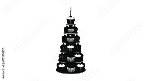 Black cupcake stand with white frosted cupcakes a white white with multi tiered and illustration and graphic Silhouette vector on whit Background