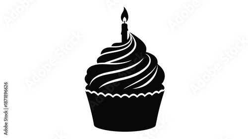 Black of a cupcake with a lit candle top white with birthday and celebration and dessert and sweet and treat Silhouette vector on whit Background