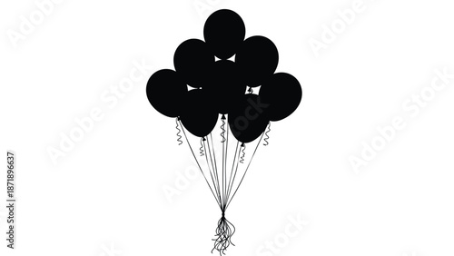 A bunch of black balloons tied together with curly ribbons floating in air white with illustration and graphic Silhouette vector on whit Background