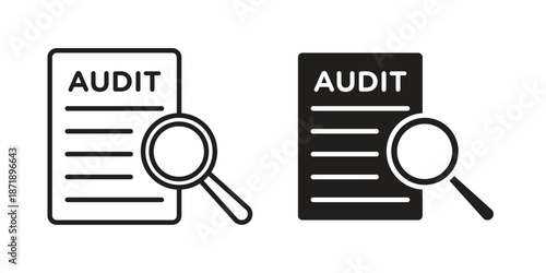 Audit report icons in a black filled and outlined style. Set of vector icons
