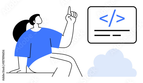 Programming, education, coding, web development, cloud computing, digital interface. A woman sits and points to a coding interface with a cloud graphic. Programming and education concepts