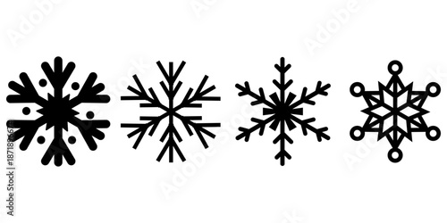 Minimal black snowflake icon set featuring various winter crystal shapes. Clean vector style suitable for seasonal design holiday graphics stickers UI icons prints and decorative elements
