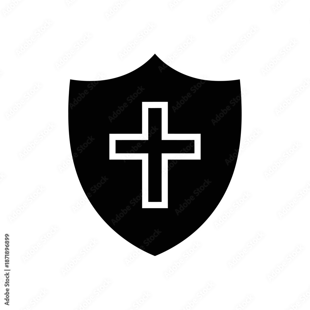 Obraz premium A black shield icon featuring a white cross at its center