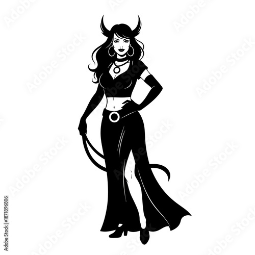 A striking black and white illustration of a devilish woman with horns