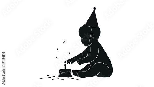 Black of a child in a party hat blowing out a candle a cake surrounded by confetti a white with birthday Silhouette vector on whit Background