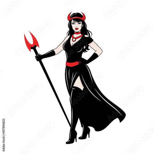 A striking illustration of a woman dressed as a devil with a trident