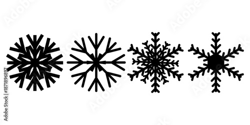 Minimal black snowflake icon set featuring various winter crystal shapes. Clean vector style suitable for seasonal design holiday graphics stickers UI icons prints and decorative elements