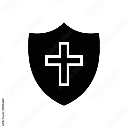 A black shield icon featuring a white cross at its center