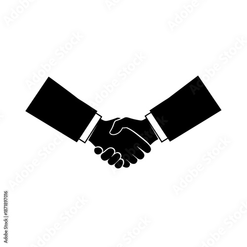 A simple black and white illustration of two hands shaking in agreement