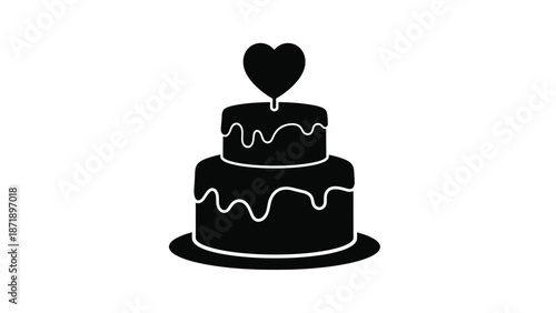 Black of a two tiered cake with white icing details and a heart top white with dessert and illustration Silhouette vector on whit Background
