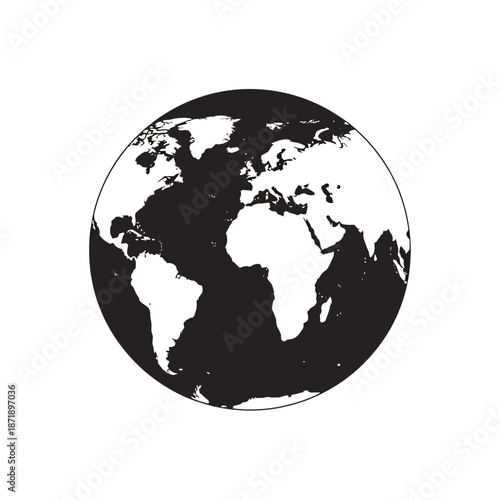 A simple black and white illustration of planet earth with visible continents