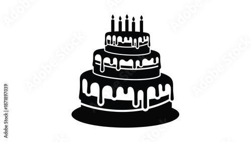 Black of a three tiered birthday cake with white icing and lit candles top isolated white with icon and symbol Silhouette vector on whit Background