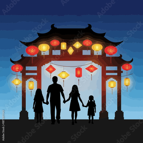 Silhouette of a family walking towards a traditional Chinese gate adorned with colorful lanterns at night.