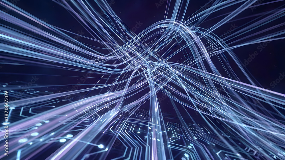 Fototapeta premium Abstract futuristic visualization of glowing data streams intersecting above a digital circuit board. Concept of artificial intelligence, data processing, high-speed networks.