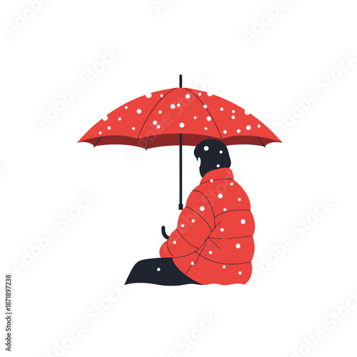 A person in a red polka dot jacket sitting under a matching red polka dot umbrella, seen from behind.