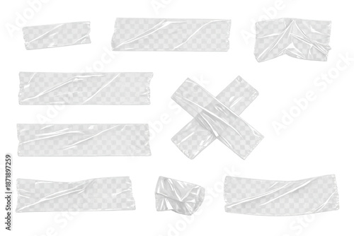 Clear sticky tape elements with torn edges, creating a wrinkled texture and strong adhesive appearance. The background is transparent