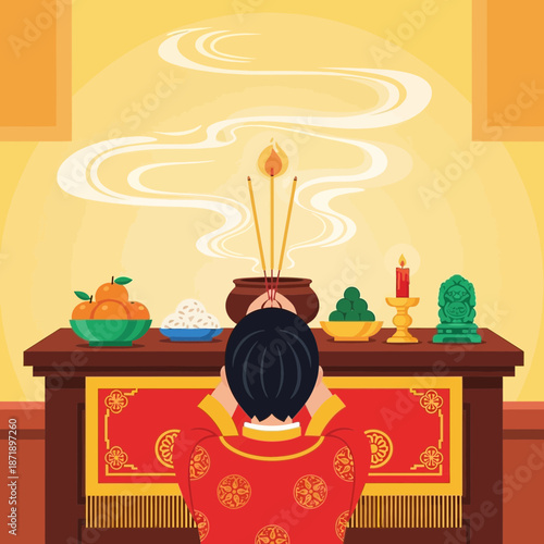 Person bowing and offering prayers at a traditional altar with incense and various offerings.