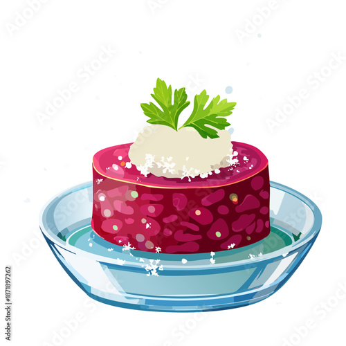 Elegant berry pudding dessert served on a glass saucer for high end patisserie and culinary art Vector Illustration