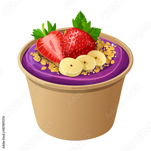 Nutritious breakfast smoothie bowl with strawberry slices and banana for energy boost and healthy diet plan Vector Illustration