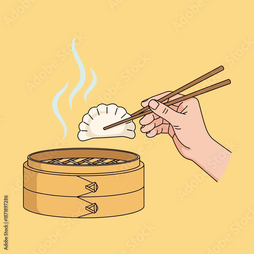 Hand picking up a hot dumpling with chopsticks from a bamboo steamer, with steam rising from the delicious food.