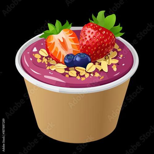 Healthy purple smoothie bowl with mixed berries and granola seeds for clean eating and organic cafe Vector Illustration
