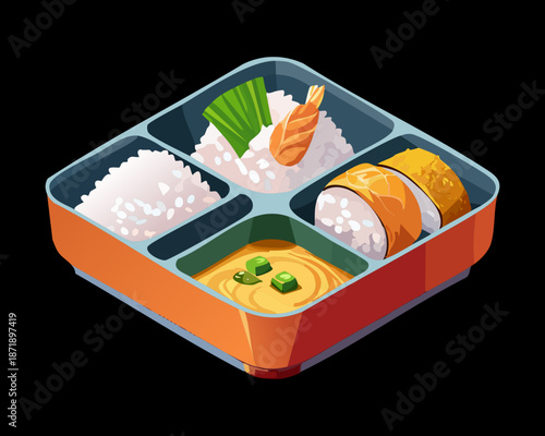 Traditional bento box with rice and various side dishes for balanced meal and healthy lunch service Vector Illustration