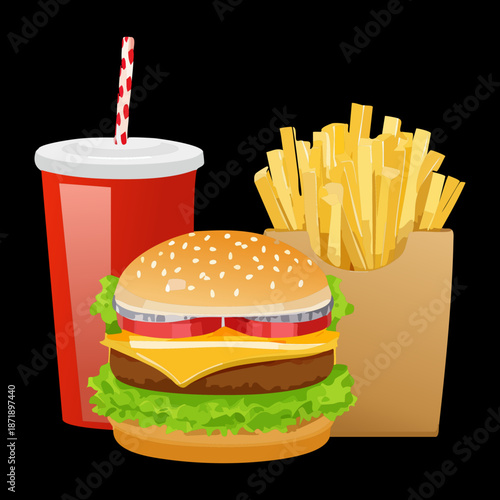 Hamburger set with crispy fries and cola for family restaurant and fast food delivery service marketing Vector Illustration