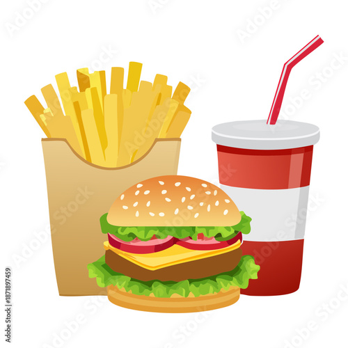 Deluxe burger combo with golden fries and refreshing drink for fast food lover and restaurant promo Vector Illustration