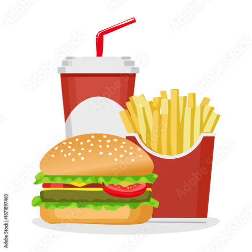 Fast food meal set with burger fries and soda for cafeteria and quick service restaurant branding Vector Illustration
