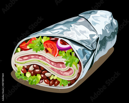 Silver foil wrapped burrito for takeaway street food and outdoor dining menu branding and advertising elements Vector Illustration