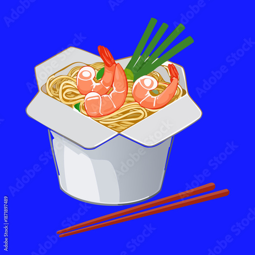 Noodle box with chopsticks and seafood for quick lunch and modern takeaway food service marketing material Vector Illustration